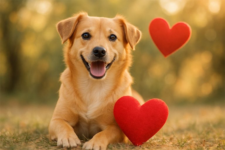 Ein fröhlicher Hund mit zwei Stoffherzen